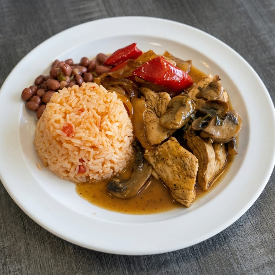 Chicken and mushroom dish with red peppers, rice, and beans on a white plate.