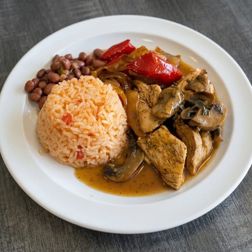 Chicken and mushrooms in gravy, with red rice, pinto beans, and bell peppers on a white plate.