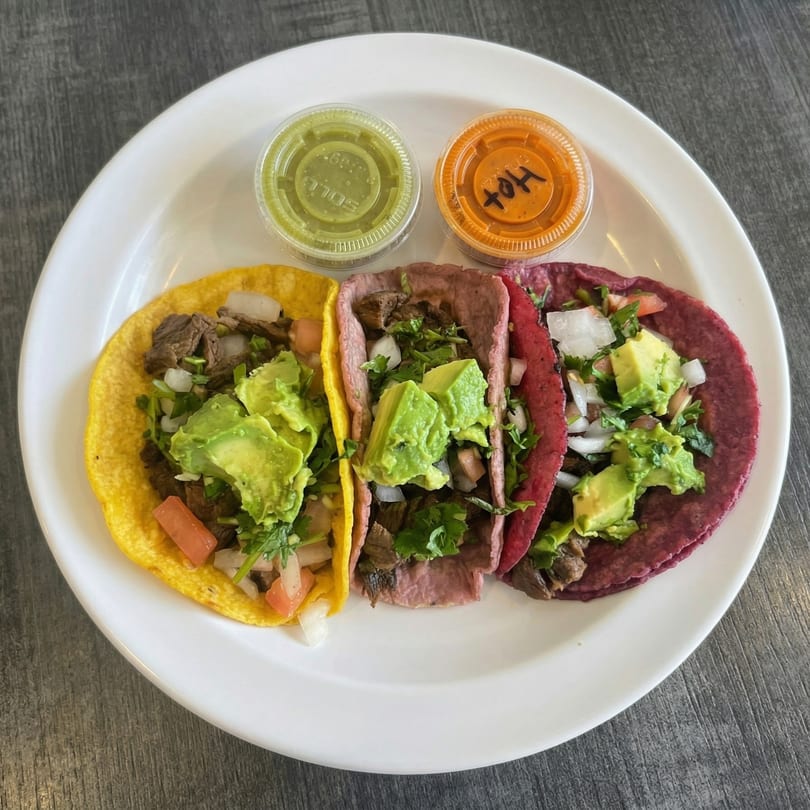 Three colorful tacos with meat, avocado, onions, and cilantro, with two sauce containers on a white plate.