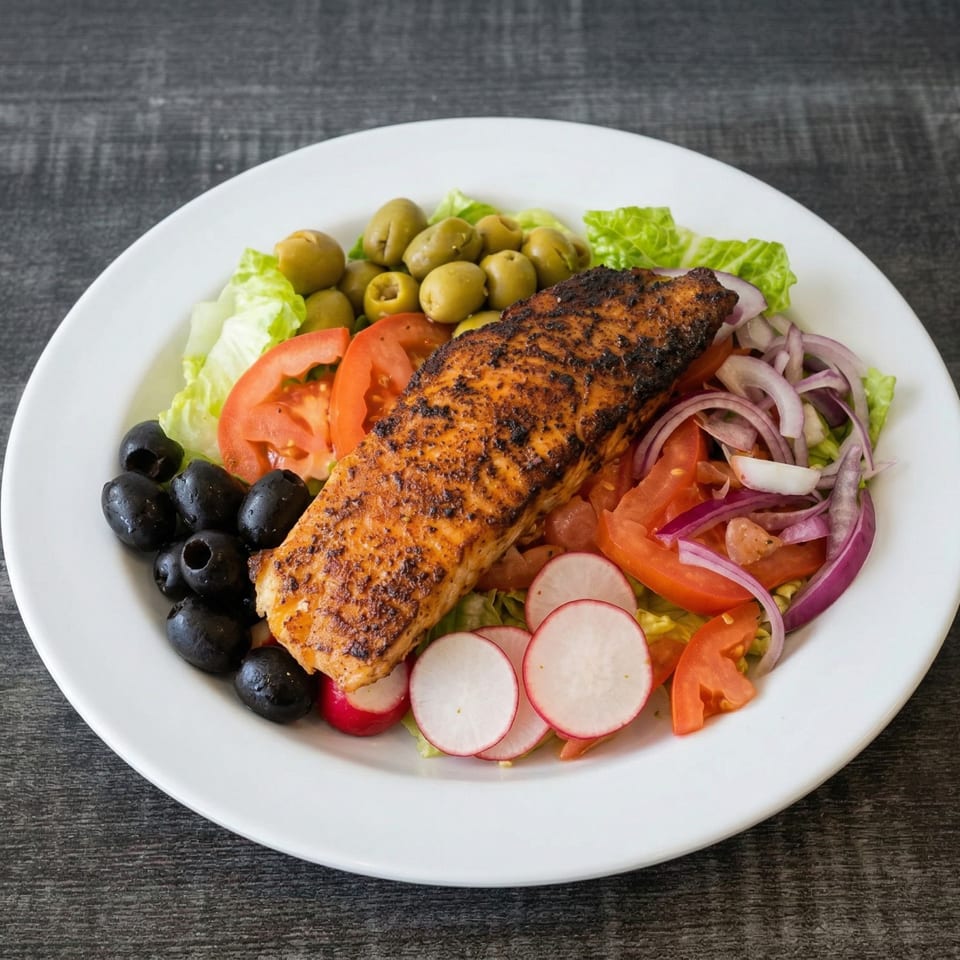 Grilled salmon fillet on a bed of lettuce with tomatoes, radishes, red onions, green, and black olives.