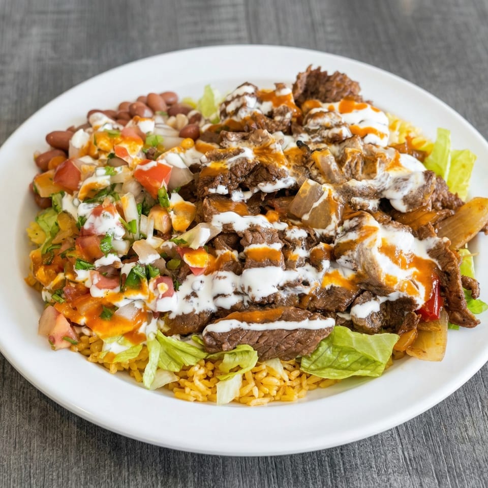 A white plate holds a colorful dish with rice, beans, steak, lettuce, pico de gallo, and sauces.