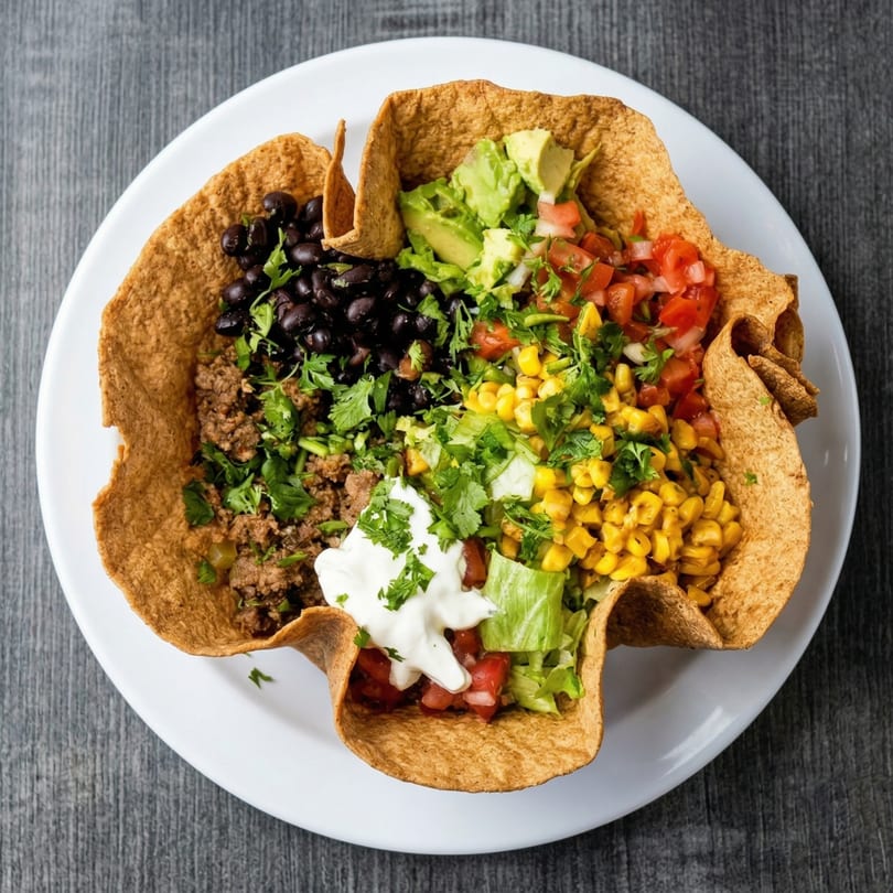 Taco salad in a crispy tortilla bowl with ground beef, black beans, corn, avocado, and sour cream.